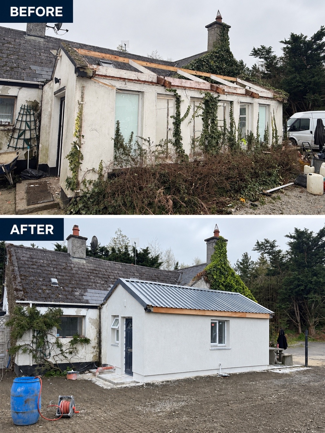 Small building before and after roof work