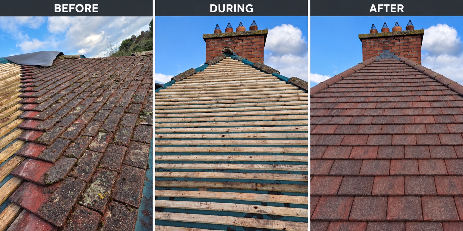 Pitched roof before during and after comparison